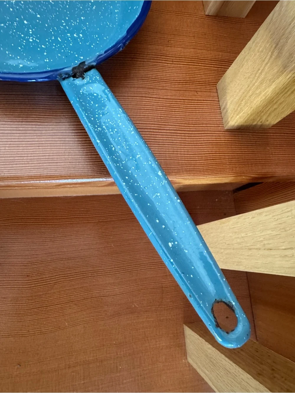 2 Blue Speckled Enamel Saucepans for camping, decor or up-cycle